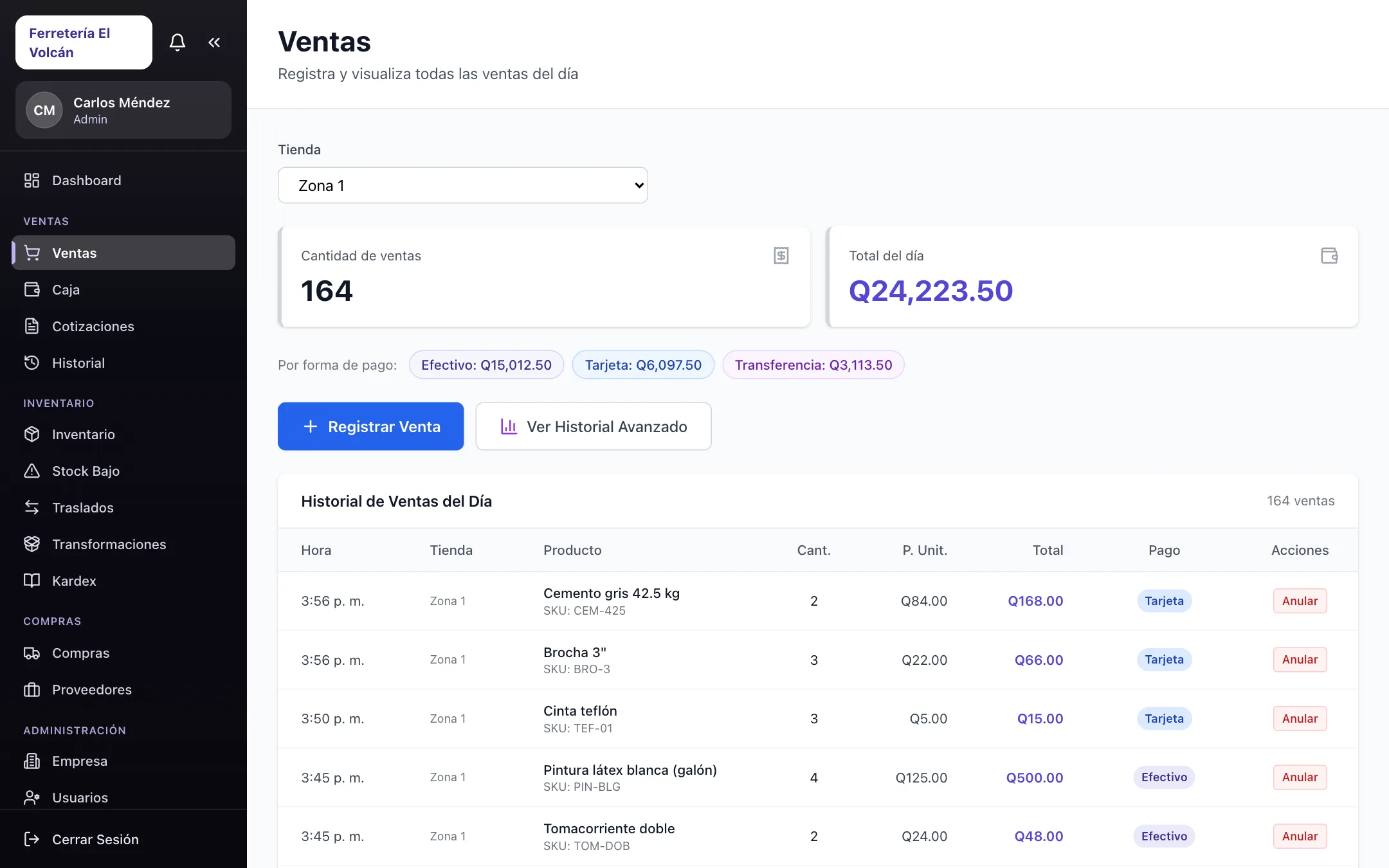 Lista de ventas del día con hora, tienda, producto, total y forma de pago